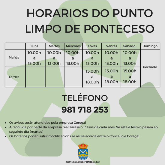Horarios do Punto Limpo Horarios do Punto Limpo
